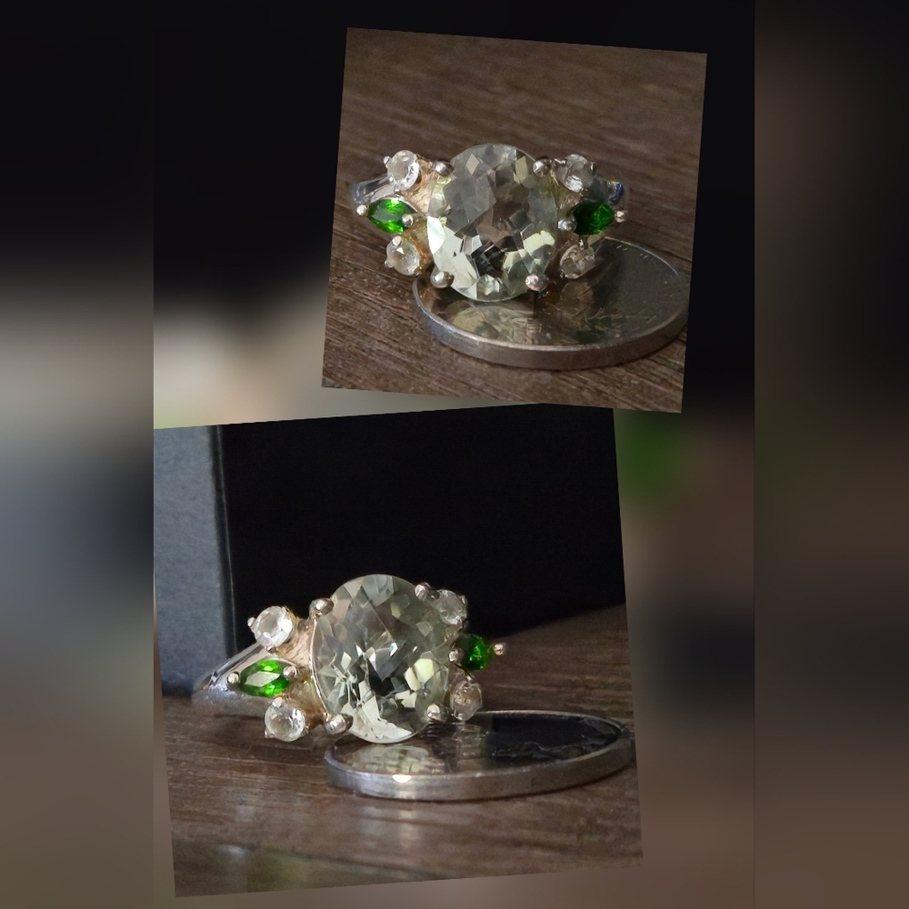 925 Sterling Silver Prasiolite Chrome Diopside White Topaz Designer Sz 9 Ring 💍